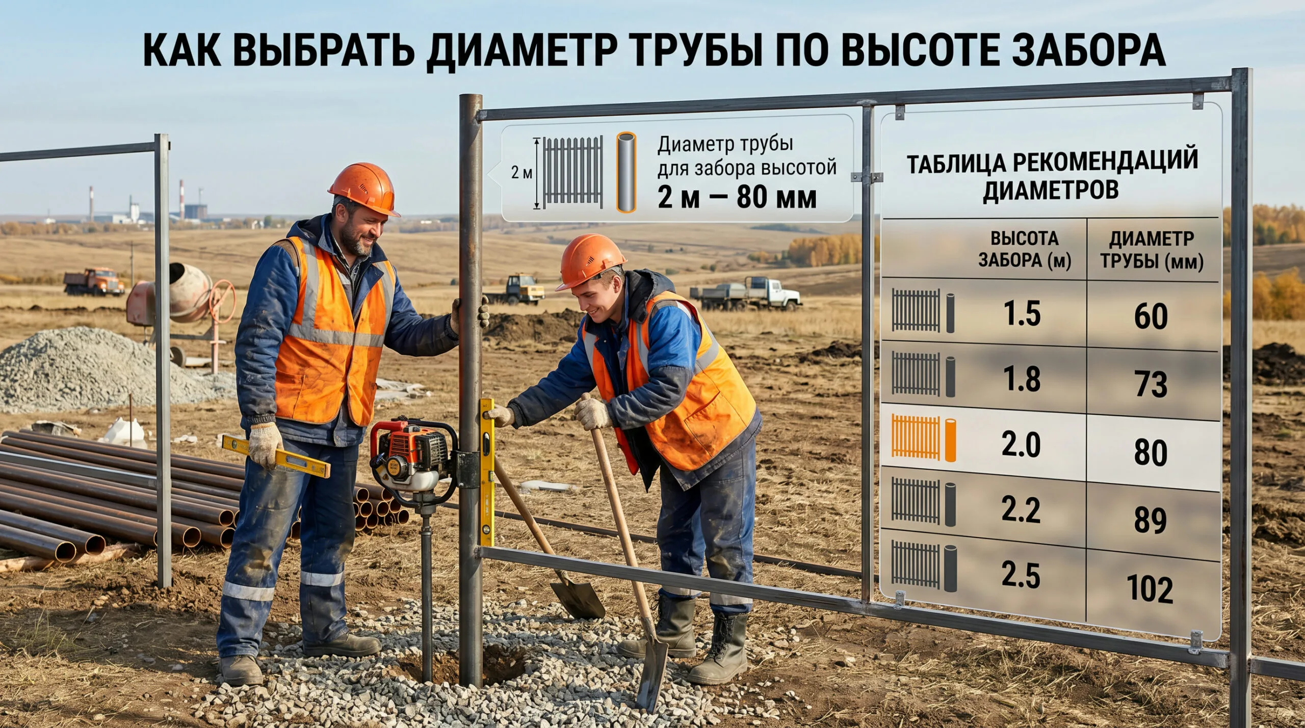 Диаметр трубы для забора: таблица подбора по высоте