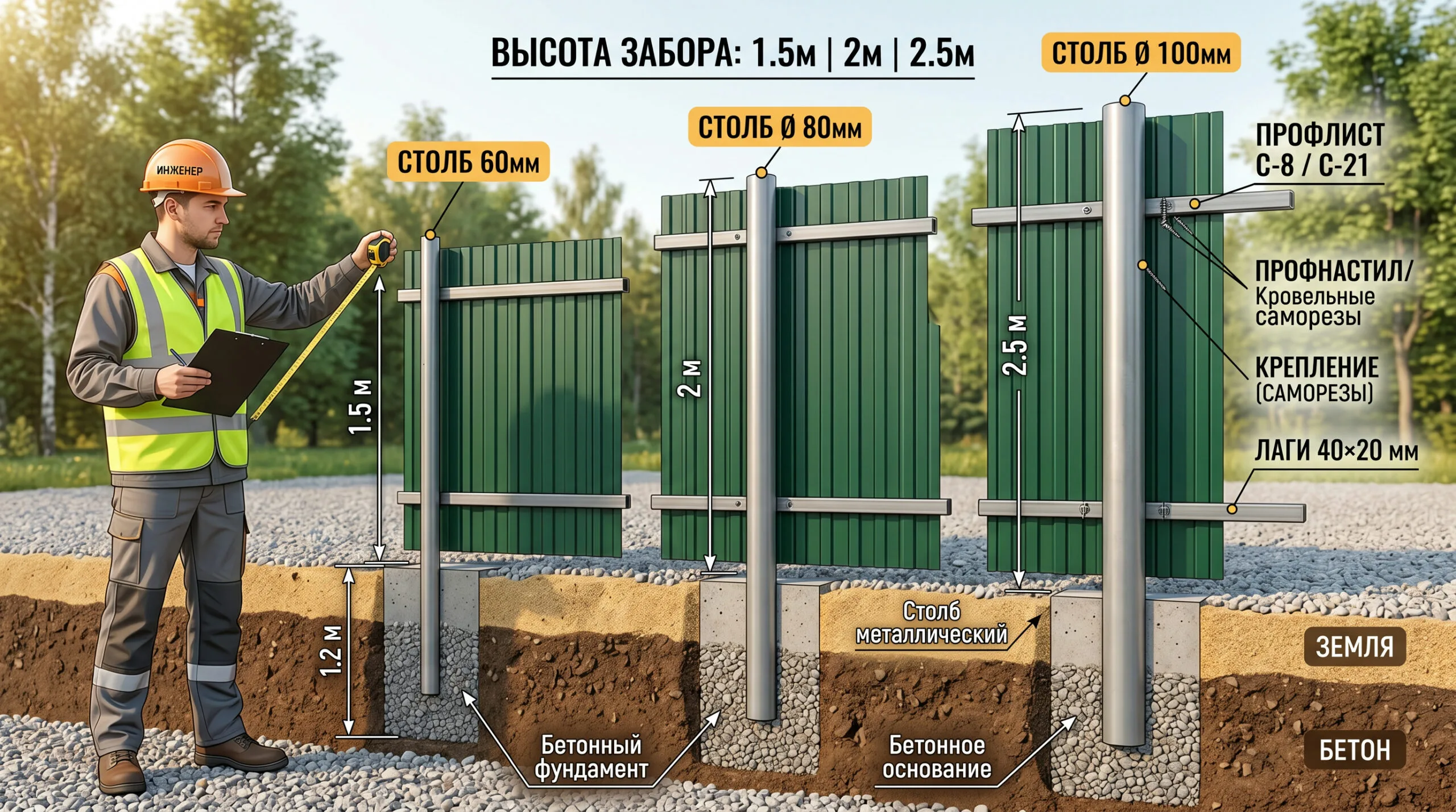 Диаметр трубы для забора из профлиста: рекомендации