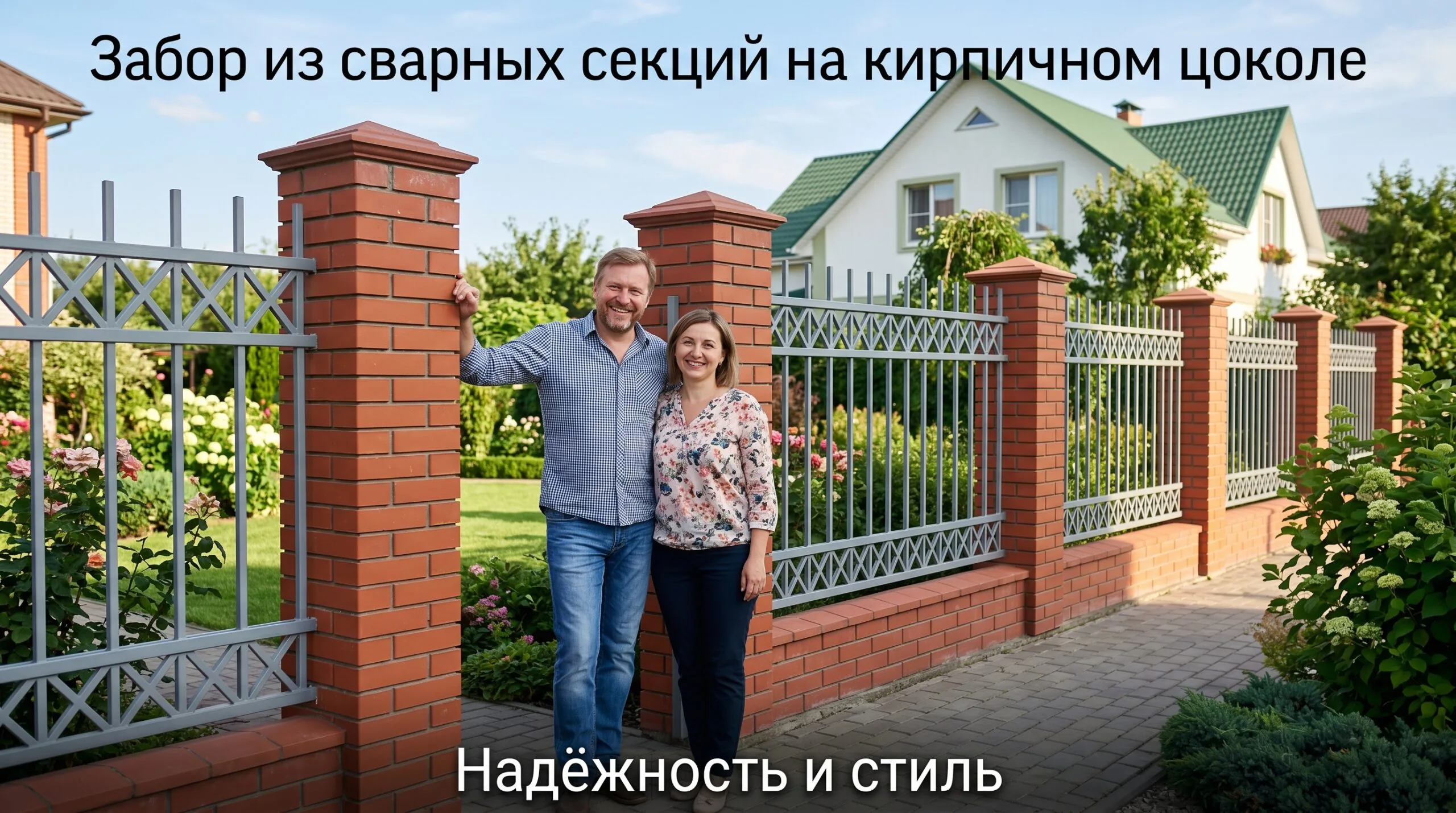 Забор из сварных секций на кирпичном цоколе