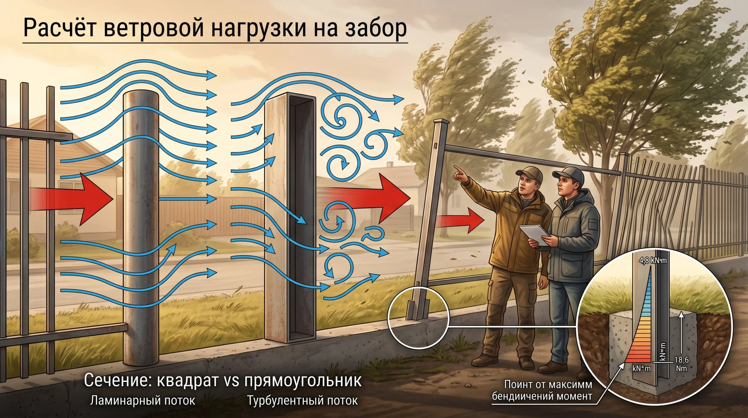 Расчёт ветровой нагрузки на забор: влияние сечения