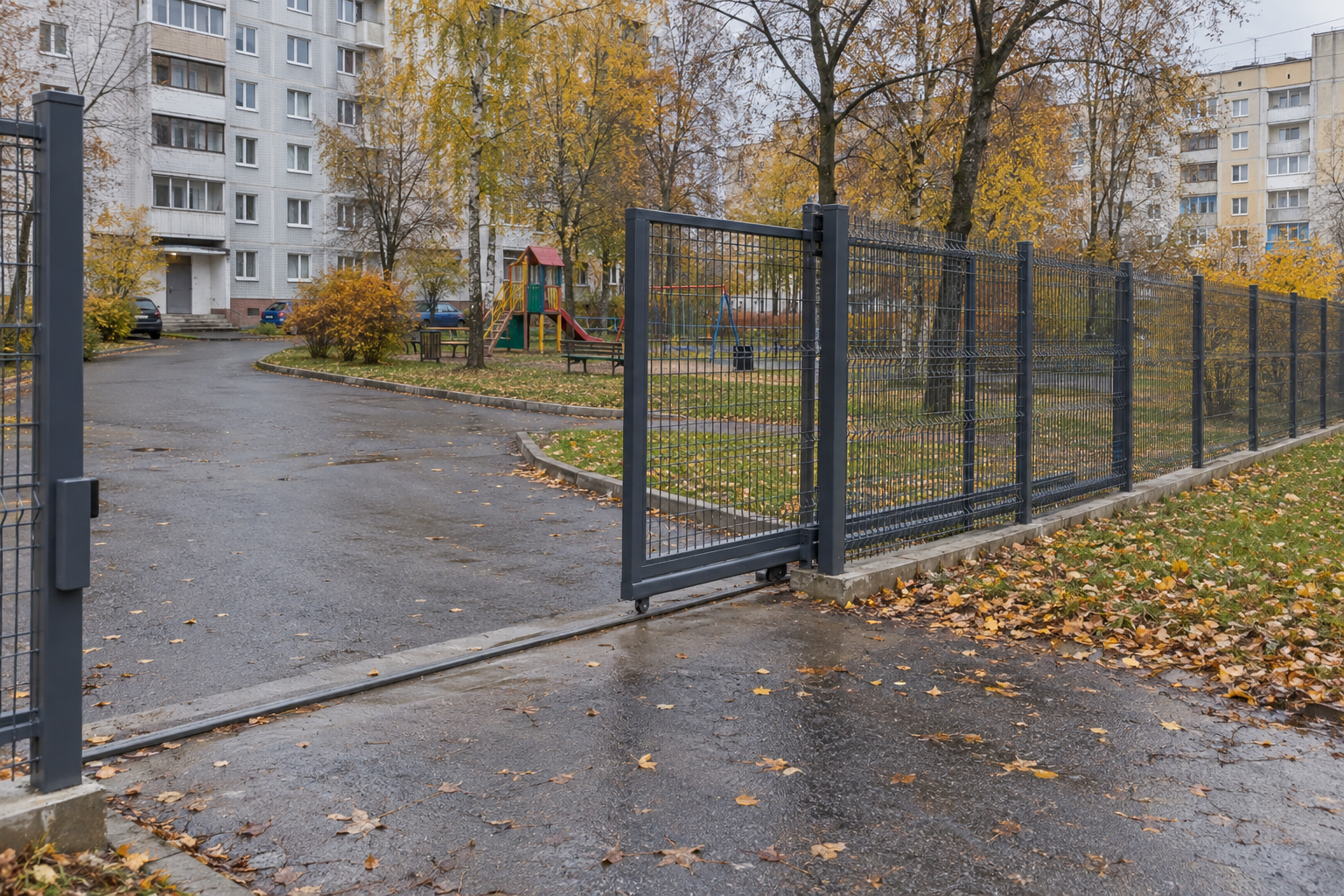3D-ограждение из сварной сетки по границе двора многоквартирного дома с прозрачными откатными воротами